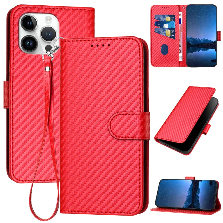 YX0070 Carbon Fiber Buckle Leather Phone Case with Lanyard, For iPhone 15 Pro Max, For iPhone 15 Pro, For iPhone 15 Plus