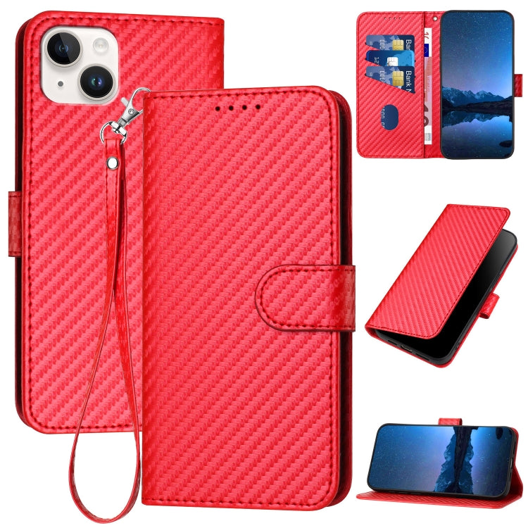 YX0070 Carbon Fiber Buckle Leather Phone Case with Lanyard, For iPhone 15 Pro Max, For iPhone 15 Pro, For iPhone 15 Plus