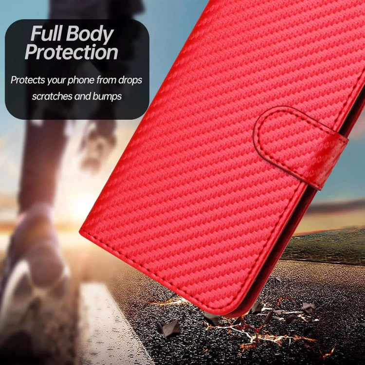 YX0070 Carbon Fiber Buckle Leather Phone Case with Lanyard, For iPhone 14 Pro, For iPhone 14 Pro Max, For iPhone SE 2022 / SE 2020 / 8 / 7