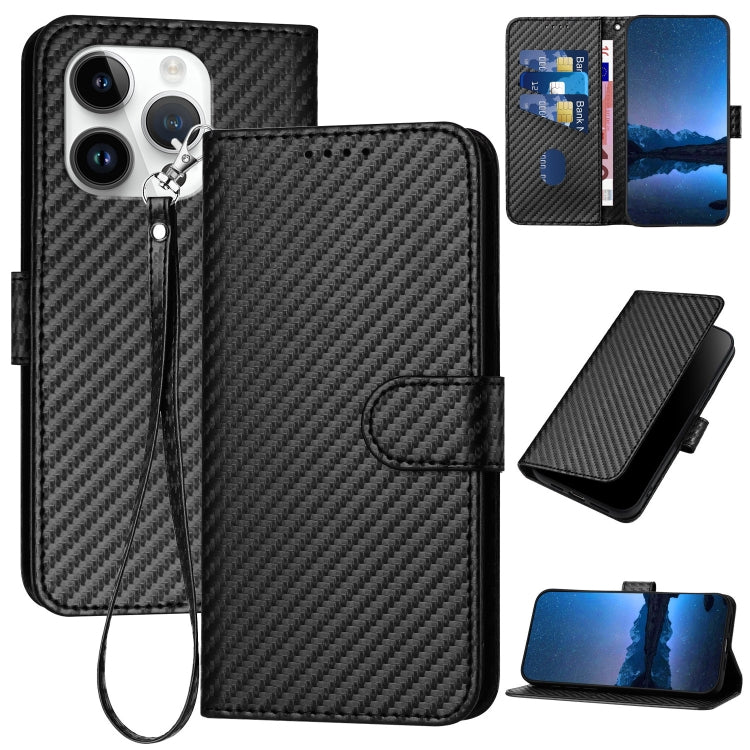 YX0070 Carbon Fiber Buckle Leather Phone Case with Lanyard, For iPhone 14 Pro, For iPhone 14 Pro Max, For iPhone SE 2022 / SE 2020 / 8 / 7