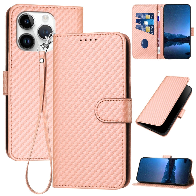 YX0070 Carbon Fiber Buckle Leather Phone Case with Lanyard, For iPhone 14 Pro, For iPhone 14 Pro Max, For iPhone SE 2022 / SE 2020 / 8 / 7