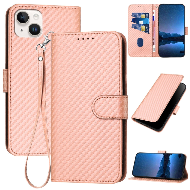 YX0070 Carbon Fiber Buckle Leather Phone Case with Lanyard, For iPhone 15, For iPhone 14 Plus, For iPhone 14