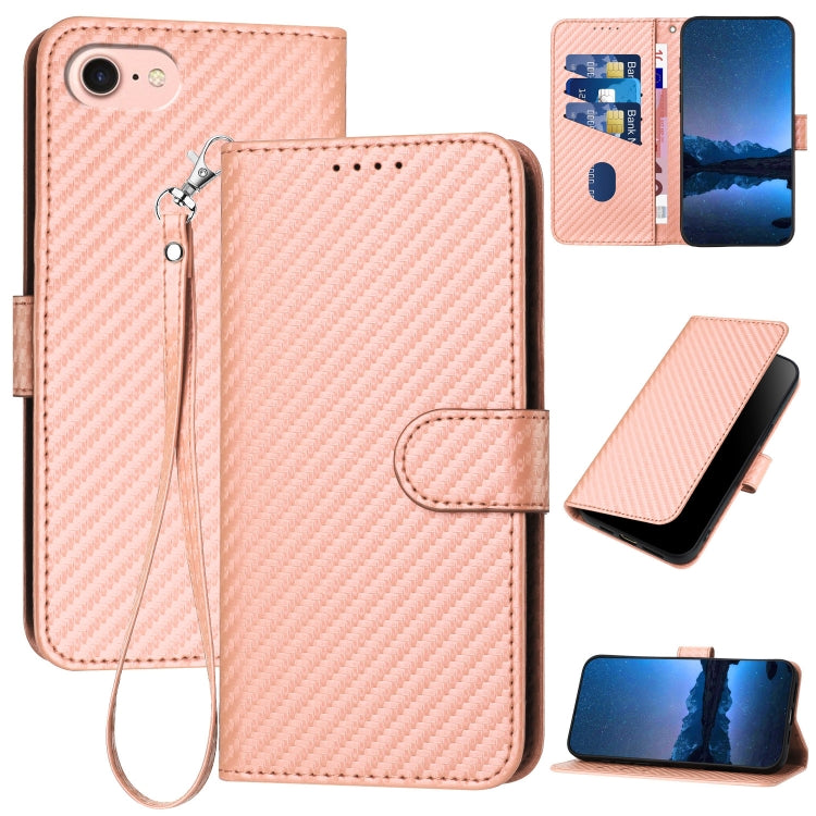 YX0070 Carbon Fiber Buckle Leather Phone Case with Lanyard, For iPhone 14 Pro, For iPhone 14 Pro Max, For iPhone SE 2022 / SE 2020 / 8 / 7