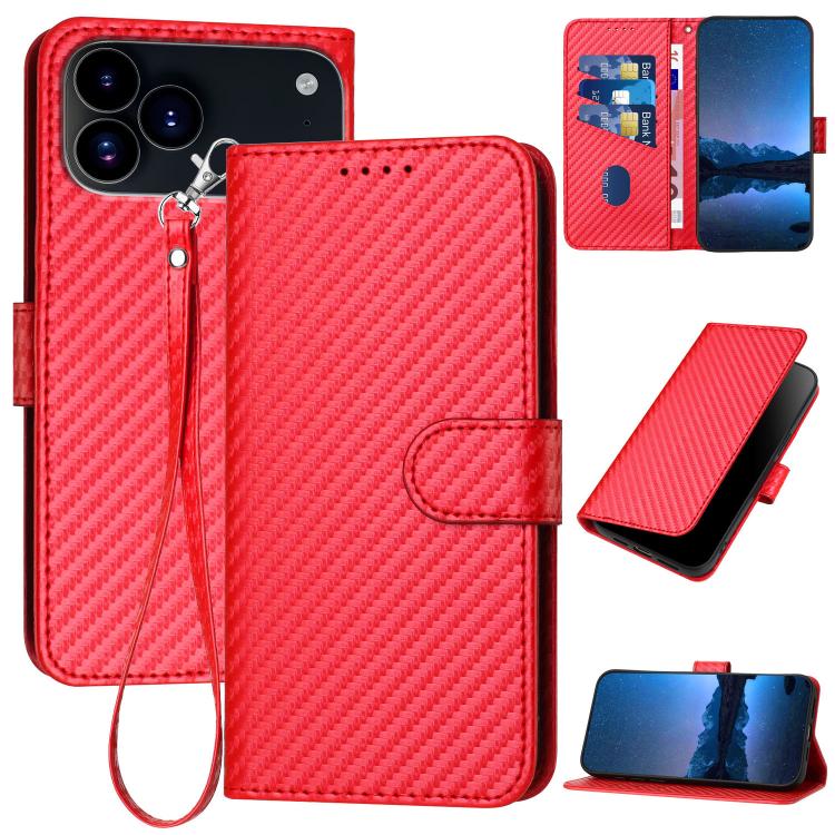 YX0070 Carbon Fiber Buckle Leather Phone Case with Lanyard, For iPhone 17 Pro Max, For iPhone 17 Pro, For iPhone 17