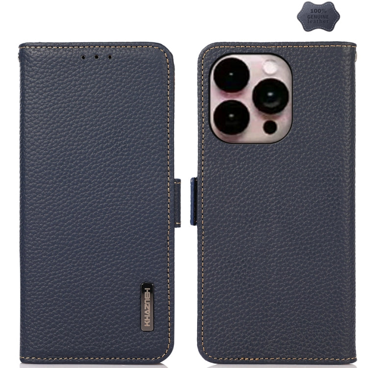 KHAZNEH Side-Magnetic Litchi Genuine Leather RFID Case, For iPhone 16 Pro, For iPhone 16 Plus, For iPhone 16
