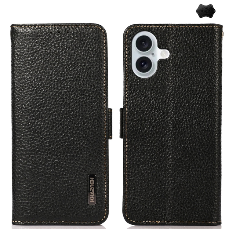 KHAZNEH Side-Magnetic Litchi Genuine Leather RFID Case, For iPhone 16 Pro, For iPhone 16 Plus, For iPhone 16