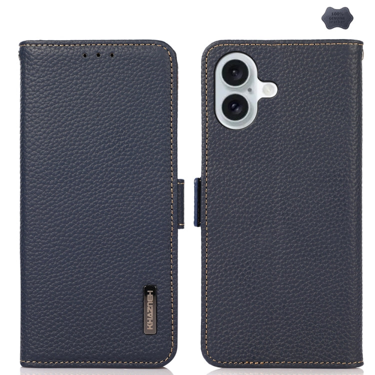 KHAZNEH Side-Magnetic Litchi Genuine Leather RFID Case, For iPhone 16 Pro, For iPhone 16 Plus, For iPhone 16