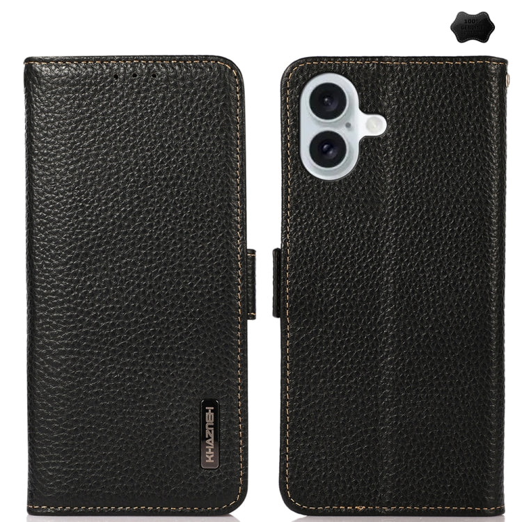 KHAZNEH Side-Magnetic Litchi Genuine Leather RFID Case, For iPhone 16 Pro, For iPhone 16 Plus, For iPhone 16