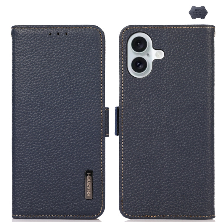 KHAZNEH Side-Magnetic Litchi Genuine Leather RFID Case, For iPhone 16 Pro, For iPhone 16 Plus, For iPhone 16