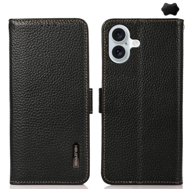 KHAZNEH Side-Magnetic Litchi Genuine Leather RFID Case, For iPhone 17 Pro Max, For iPhone 17 Pro, For iPhone 17, For iPhone 17 Air, For iPhone 16e, For iPhone 16 Pro Max