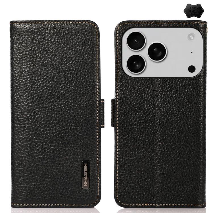 KHAZNEH Side-Magnetic Litchi Genuine Leather RFID Case, For iPhone 17 Pro Max, For iPhone 17 Pro, For iPhone 17, For iPhone 17 Air, For iPhone 16e, For iPhone 16 Pro Max