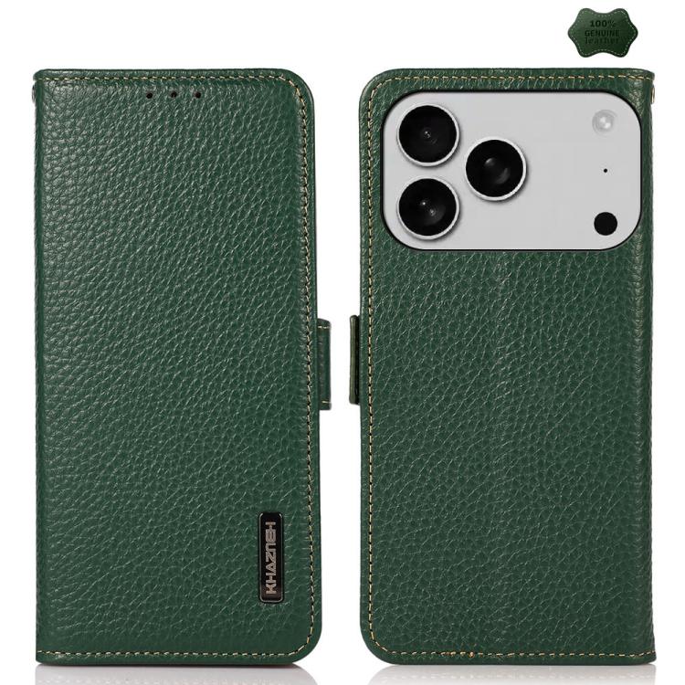 KHAZNEH Side-Magnetic Litchi Genuine Leather RFID Case, For iPhone 17 Pro Max, For iPhone 17 Pro, For iPhone 17, For iPhone 17 Air, For iPhone 16e, For iPhone 16 Pro Max