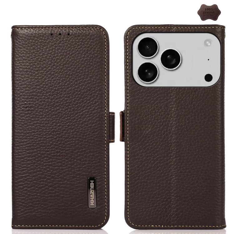 KHAZNEH Side-Magnetic Litchi Genuine Leather RFID Case, For iPhone 17 Pro Max, For iPhone 17 Pro, For iPhone 17, For iPhone 17 Air, For iPhone 16e, For iPhone 16 Pro Max