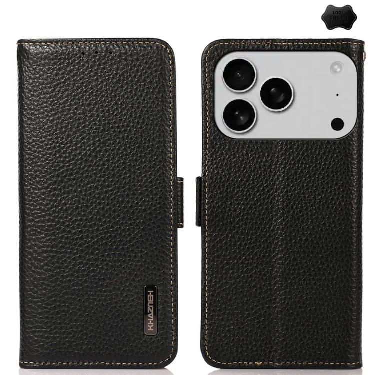 KHAZNEH Side-Magnetic Litchi Genuine Leather RFID Case, For iPhone 17 Pro Max, For iPhone 17 Pro, For iPhone 17, For iPhone 17 Air, For iPhone 16e, For iPhone 16 Pro Max