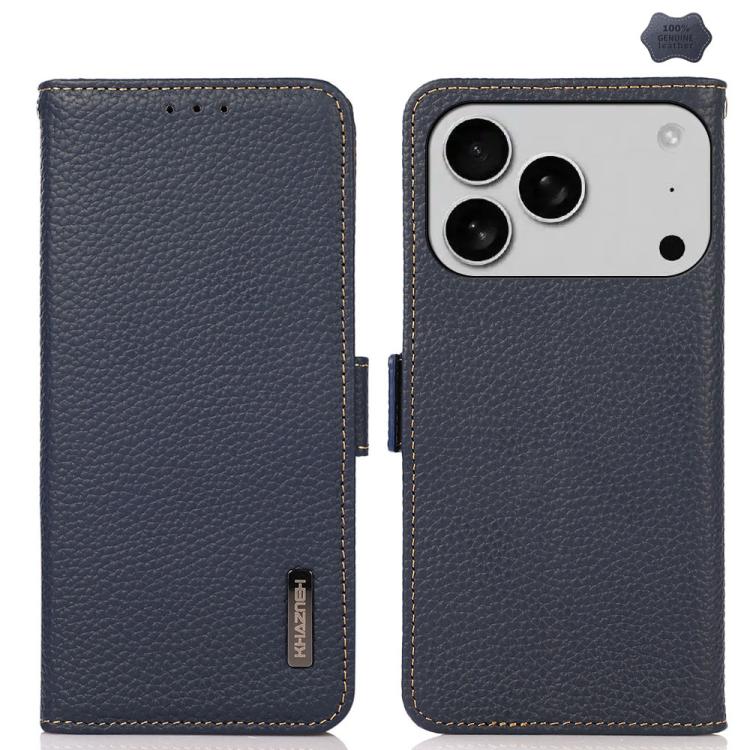 KHAZNEH Side-Magnetic Litchi Genuine Leather RFID Case, For iPhone 17 Pro Max, For iPhone 17 Pro, For iPhone 17, For iPhone 17 Air, For iPhone 16e, For iPhone 16 Pro Max