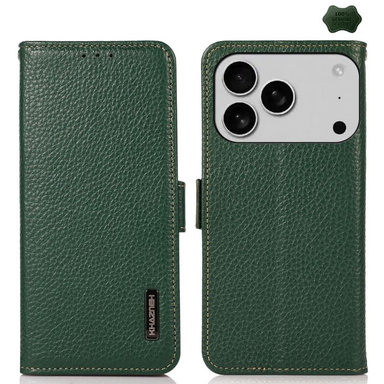 KHAZNEH Side-Magnetic Litchi Genuine Leather RFID Case, For iPhone 17 Pro Max, For iPhone 17 Pro, For iPhone 17, For iPhone 17 Air, For iPhone 16e, For iPhone 16 Pro Max