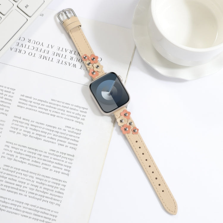 Stitched Flower Leather Watch Band, For Apple Watch SE 2022 40mm, For Apple Watch SE 2022 44mm, For Apple Watch Series 7 41mm, For Apple Watch Series 7 45mm, For Apple Watch SE 40mm, For Apple Watch SE 44mm, For Apple Watch Series 6 40mm               ...