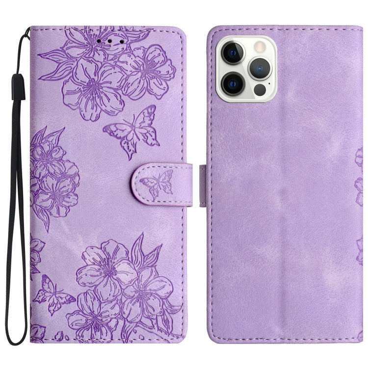 Cherry Blossom Butterfly Skin Feel Embossed PU Phone Case, For iPhone 15 Pro Max, For iPhone 15 Pro, For iPhone 15 Plus