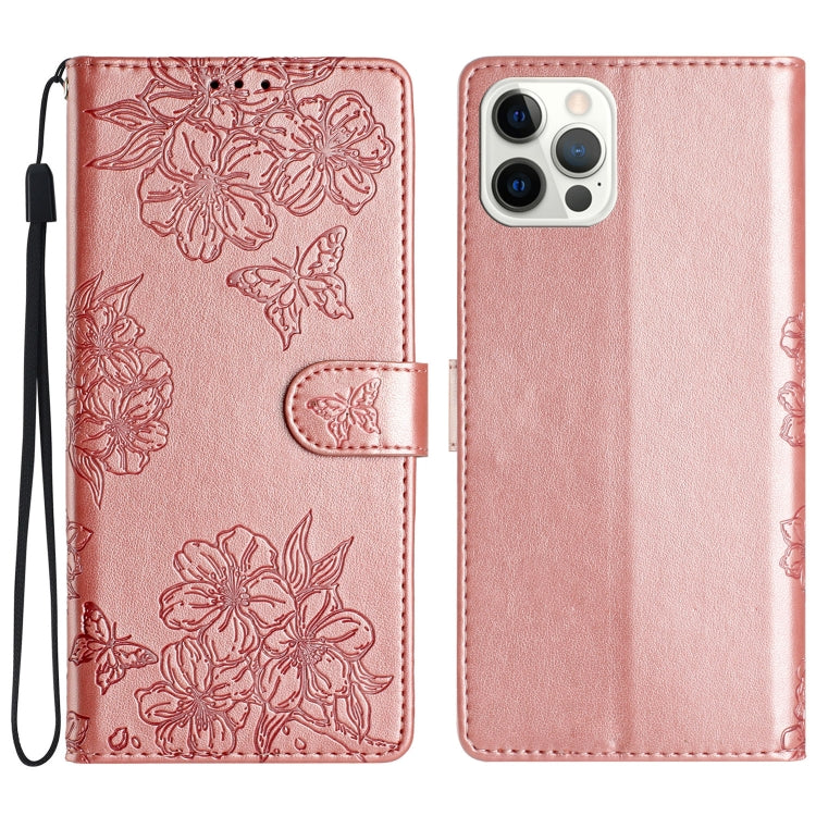 Cherry Blossom Butterfly Skin Feel Embossed PU Phone Case, For iPhone 15 Pro Max, For iPhone 15 Pro, For iPhone 15 Plus
