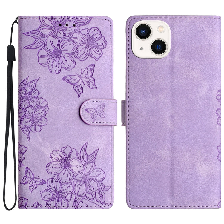 Cherry Blossom Butterfly Skin Feel Embossed PU Phone Case, For iPhone 15 Pro Max, For iPhone 15 Pro, For iPhone 15 Plus