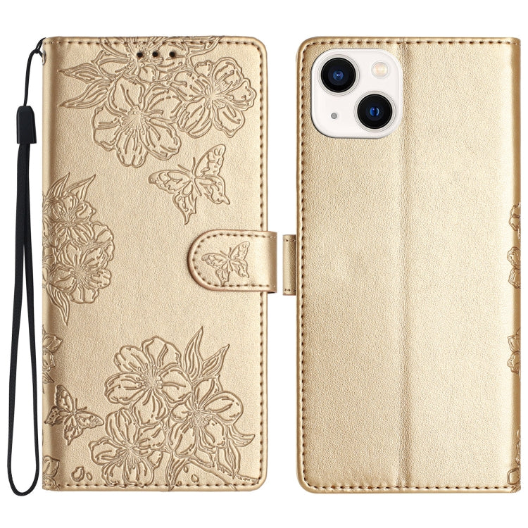 Cherry Blossom Butterfly Skin Feel Embossed PU Phone Case, For iPhone 15 Pro Max, For iPhone 15 Pro, For iPhone 15 Plus