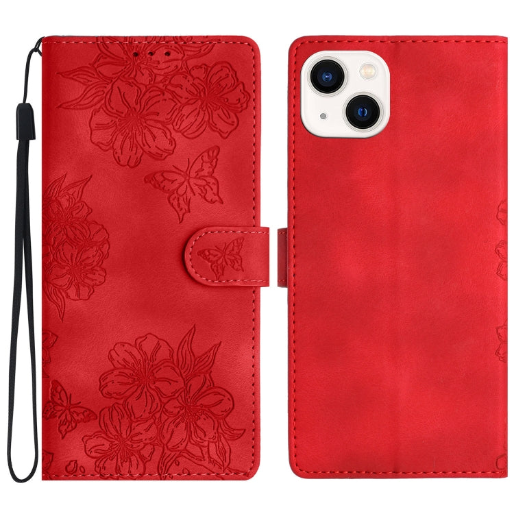 Cherry Blossom Butterfly Skin Feel Embossed PU Phone Case, For iPhone 15, For iPhone 14 Plus, For iPhone 14