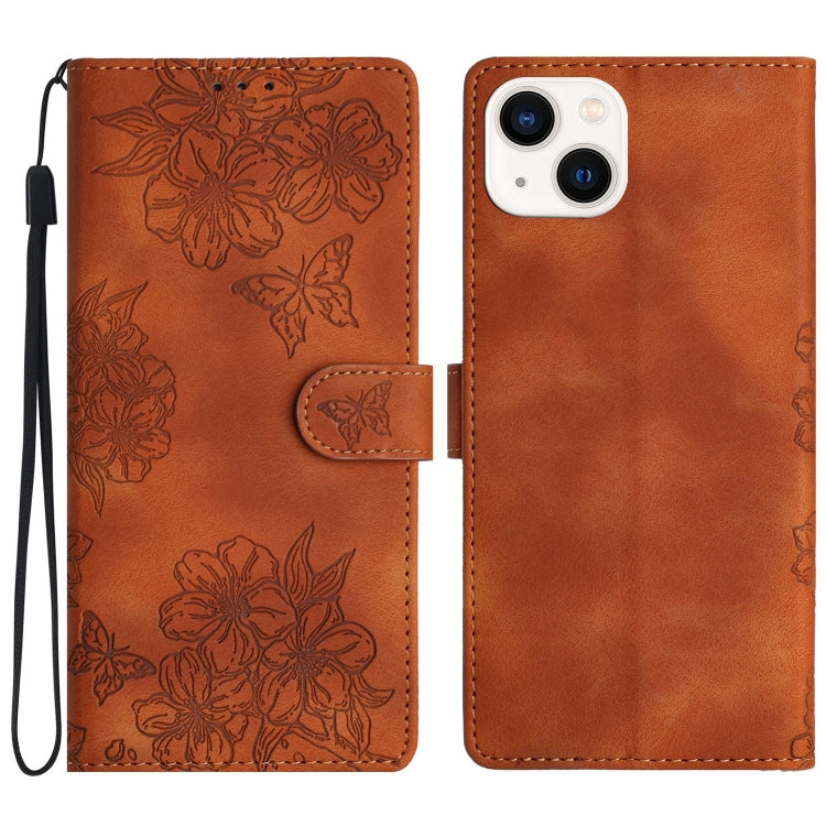 Cherry Blossom Butterfly Skin Feel Embossed PU Phone Case, For iPhone 15, For iPhone 14 Plus, For iPhone 14