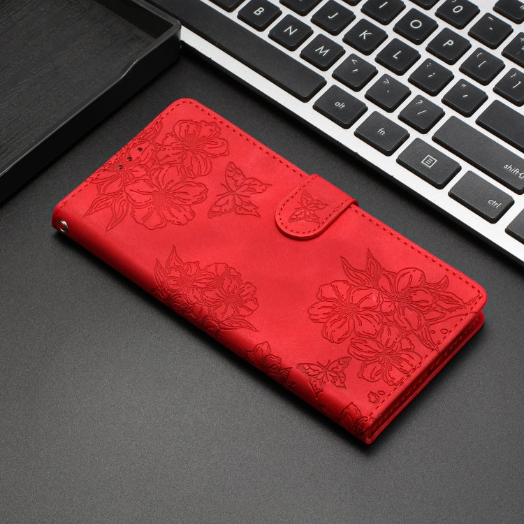 Cherry Blossom Butterfly Skin Feel Embossed PU Phone Case, For iPhone 14 Pro, For iPhone 14 Pro Max, For iPhone SE 2022 / SE 2020
