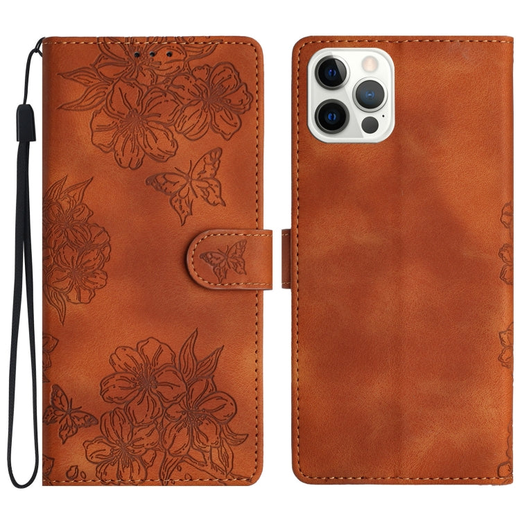 Cherry Blossom Butterfly Skin Feel Embossed PU Phone Case, For iPhone 13 Pro Max, For iPhone 13 Pro, For iPhone 13