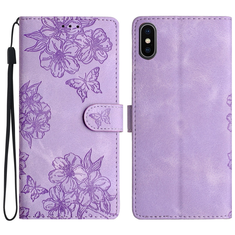 Cherry Blossom Butterfly Skin Feel Embossed PU Phone Case, For iPhone XS Max, For iPhone 8 Plus / 7 Plus