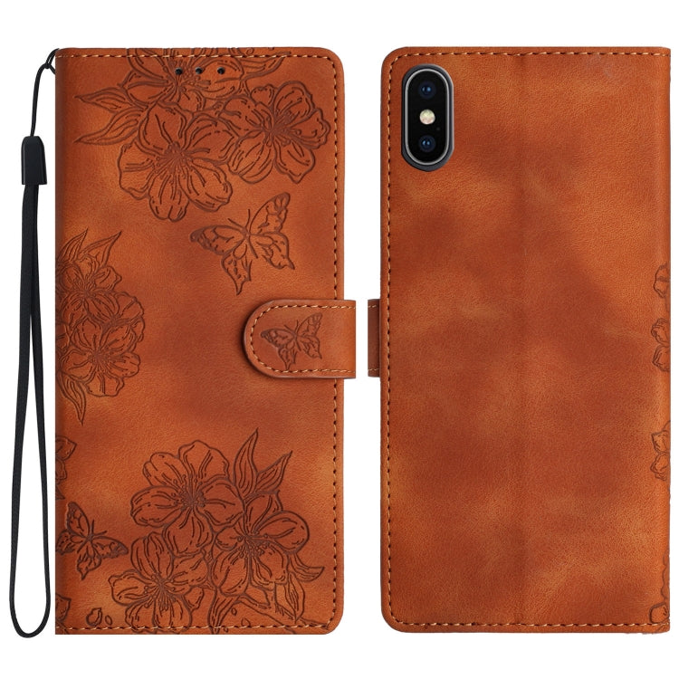 Cherry Blossom Butterfly Skin Feel Embossed PU Phone Case, For iPhone XS Max, For iPhone 8 Plus / 7 Plus