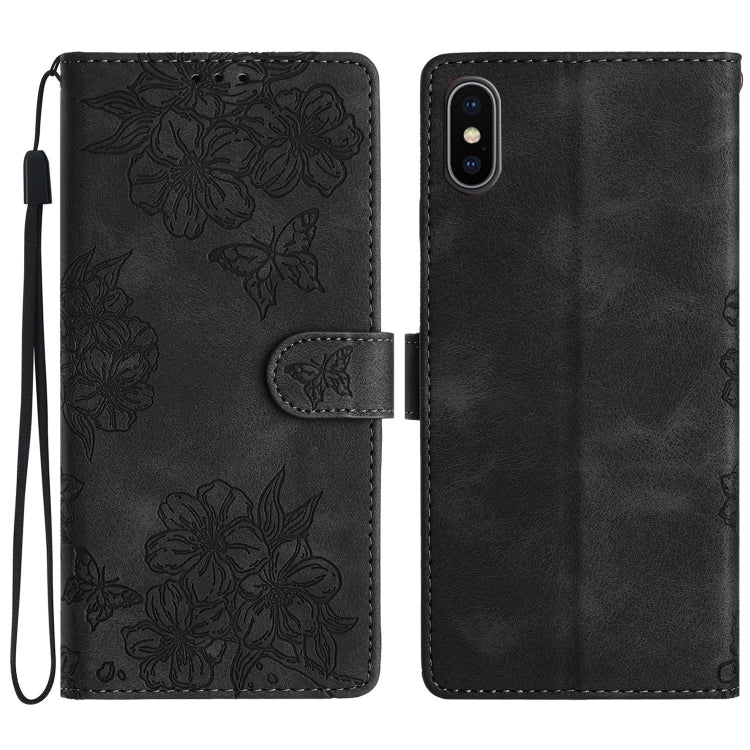 Cherry Blossom Butterfly Skin Feel Embossed PU Phone Case, For iPhone XS Max, For iPhone 8 Plus / 7 Plus