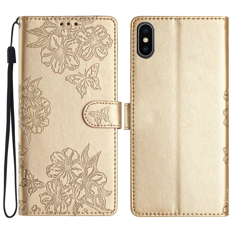 Cherry Blossom Butterfly Skin Feel Embossed PU Phone Case, For iPhone XS Max, For iPhone 8 Plus / 7 Plus