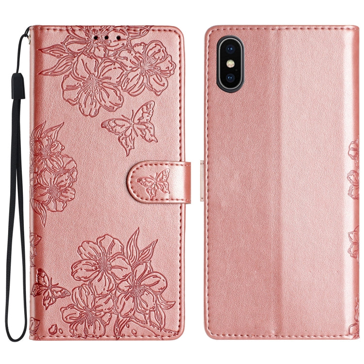 Cherry Blossom Butterfly Skin Feel Embossed PU Phone Case, For iPhone XS Max, For iPhone 8 Plus / 7 Plus