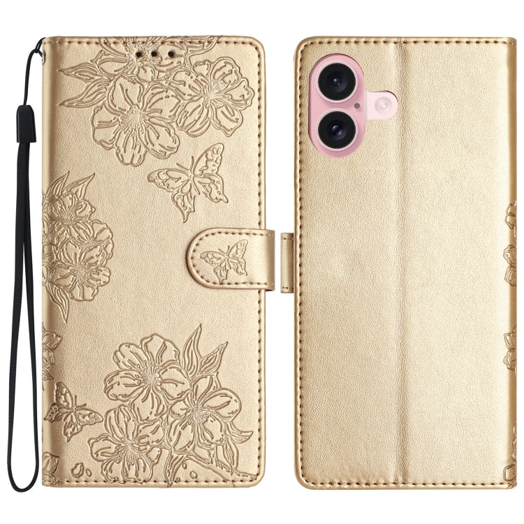 Cherry Blossom Butterfly Skin Feel Embossed PU Phone Case, For iPhone 16 Pro, For iPhone 16 Plus, For iPhone 16