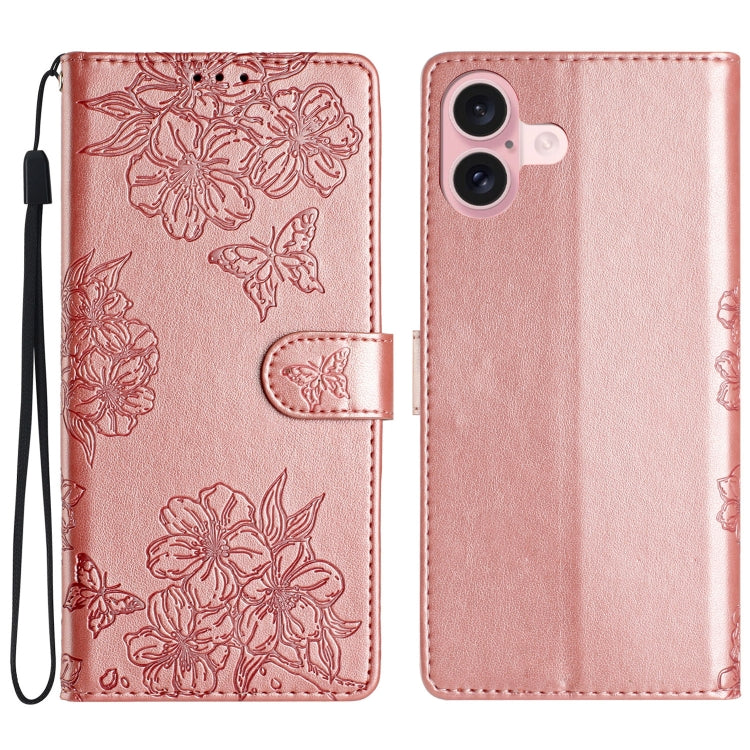 Cherry Blossom Butterfly Skin Feel Embossed PU Phone Case, For iPhone 16 Pro, For iPhone 16 Plus, For iPhone 16