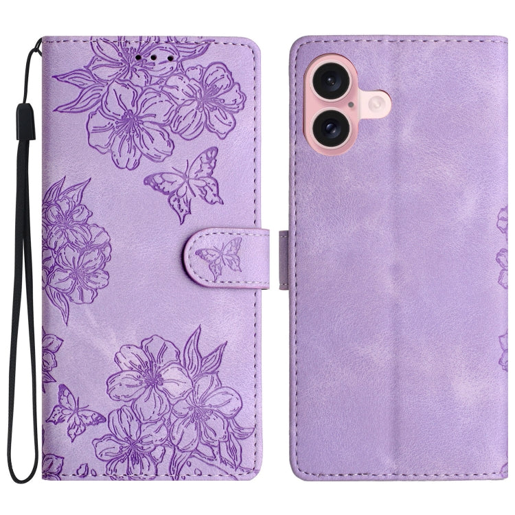 Cherry Blossom Butterfly Skin Feel Embossed PU Phone Case, For iPhone 16 Pro, For iPhone 16 Plus, For iPhone 16