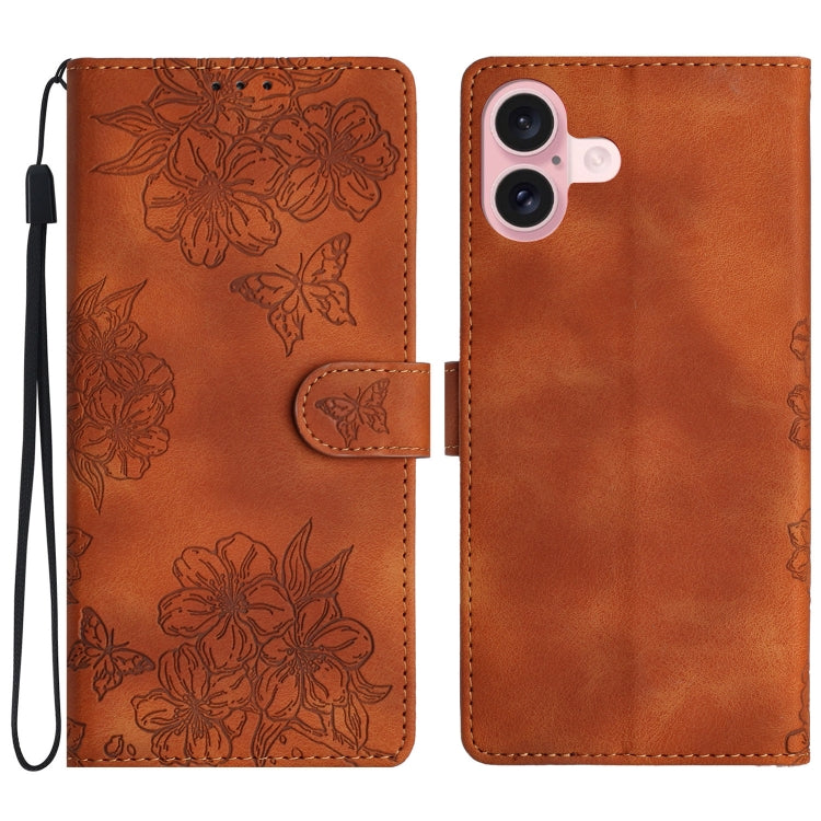 Cherry Blossom Butterfly Skin Feel Embossed PU Phone Case, For iPhone 16 Pro, For iPhone 16 Plus, For iPhone 16