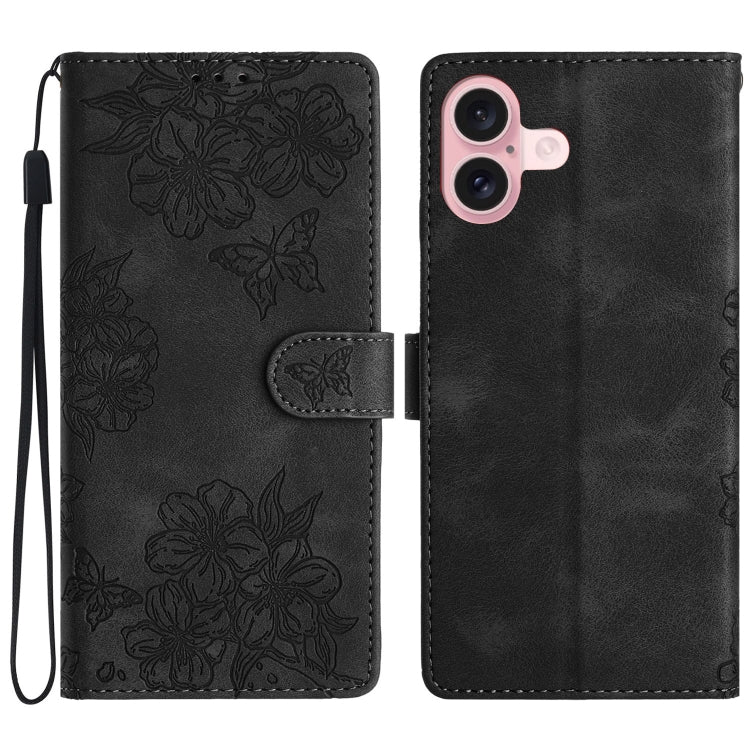 Cherry Blossom Butterfly Skin Feel Embossed PU Phone Case, For iPhone 16 Pro, For iPhone 16 Plus, For iPhone 16