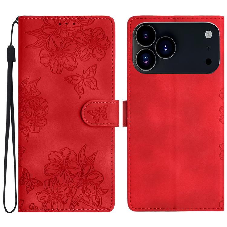 Cherry Blossom Butterfly Skin Feel Embossed PU Phone Case, For iPhone 17 Pro Max, For iPhone 17 Pro, For iPhone 17