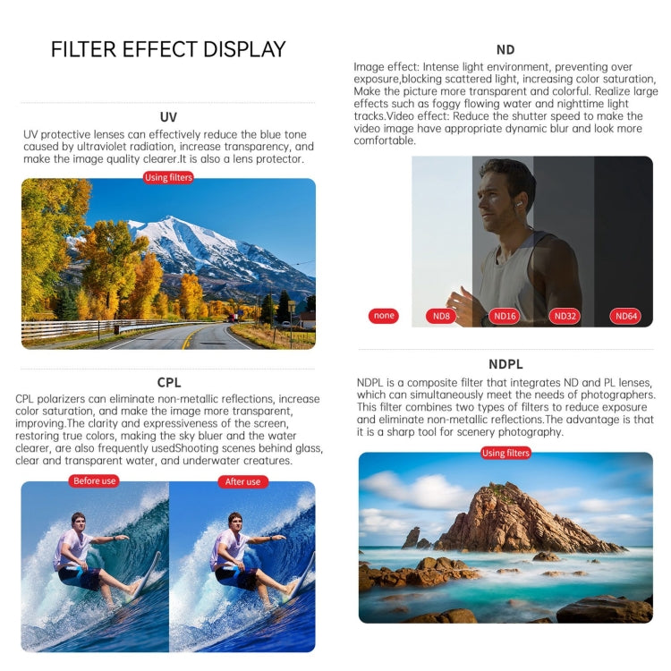 For DJI Osmo Action 4 JUNESTAR Threaded Camera Lens Filter, MCUV, CPL, ND8, ND16, ND32, ND64, ND1000, ND8PL, ND16PL, ND32PL, ND64PL, NIGHT, STAR, Streak Gold Drawing, Streak Blue Drawing, Macro 15X, Pink Diving Filter, Magenta Diving Filter������������...