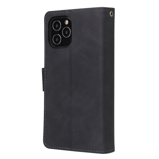 iPhone 12 Pro leather case detail view displaying zipper wallet pocket and lanyard loop