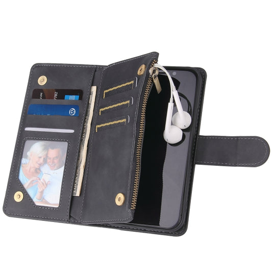 Open iPhone 12 Pro Max flip case revealing organized card slots and photo frame window