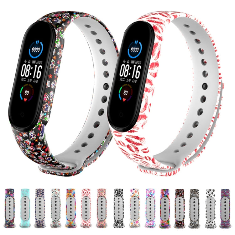 For Xiaomi Mi Band 5 TPU Replacement Strap Watchband, Peacock, Splash Ink, Skull, Butterflies, Colorful Skull, Facebook, Birds and Flowers, Blue Rose, Flamingo, Dog Paw, Stripe, Grass, Yellow Leopard, Gorgeous Starry Sky, Red Lips