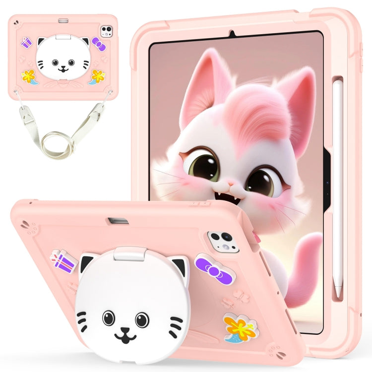 Cat Holder Silicone Hybrid PC Tablet Case with Strap, For iPad Air 11 2026 / 2025 / 2024, For iPad Pro 11 2025 / 2024, For iPad 10.2 2021 / 2020 / 2019