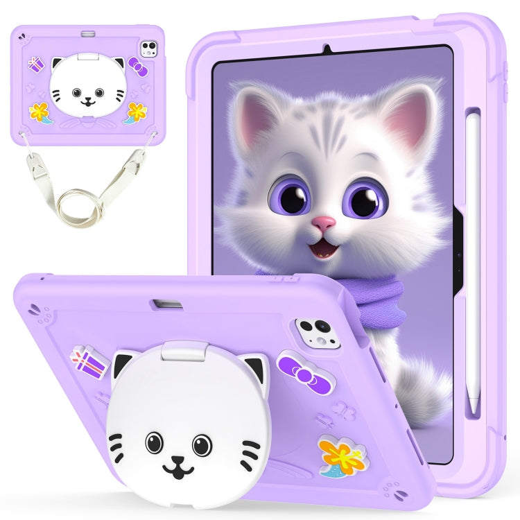 Cat Holder Silicone Hybrid PC Tablet Case with Strap, For iPad Air 11 2026 / 2025 / 2024, For iPad Pro 11 2025 / 2024, For iPad 10.2 2021 / 2020 / 2019
