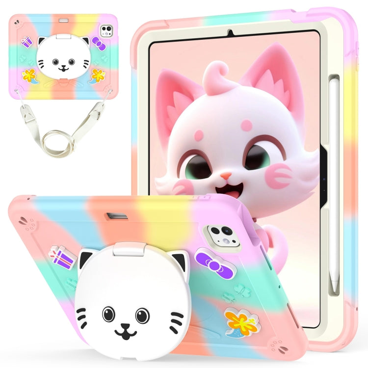 Cat Holder Silicone Hybrid PC Tablet Case with Strap, For iPad Air 11 2026 / 2025 / 2024, For iPad Pro 11 2025 / 2024, For iPad 10.2 2021 / 2020 / 2019