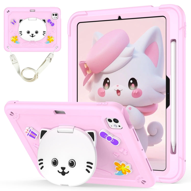 Cat Holder Silicone Hybrid PC Tablet Case with Strap, For iPad Air 11 2026 / 2025 / 2024, For iPad Pro 11 2025 / 2024, For iPad 10.2 2021 / 2020 / 2019