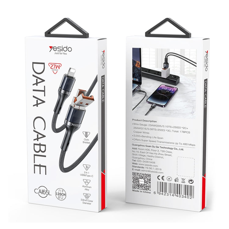 Câble de données et de charge rapide 2 en 1 Yesido CA165L 27 W USB + USB-C / Type-C vers 8 broches, CA165L