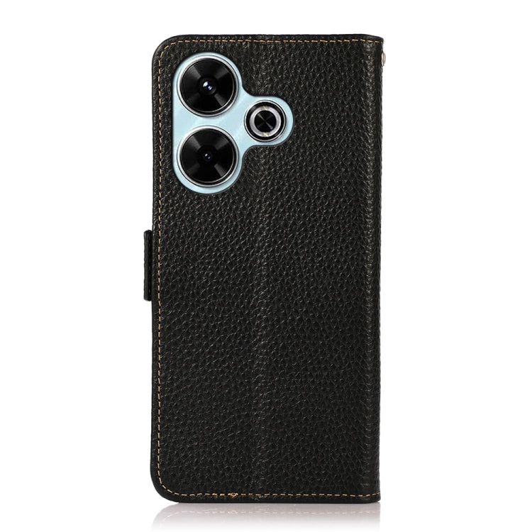 KHAZNEH Side-Magnetic Litchi Genuine Leather RFID Phone Case, For Redmi 13 4G
